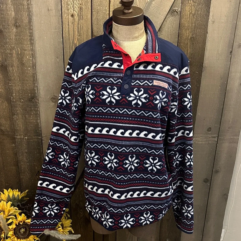 Vineyard Vines Fleece Quarter Snap Pullover Fair Isle Pattern Size M